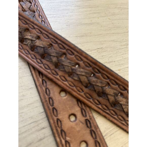 vintage TOOLED buckle belt 34 cowhide WESTERN braided RODEO brown COWBOY - Picture 5 of 15